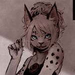  anthro cat claws clothing dress elegant feline female flower formal fur green_eyes hair_up lynx mammal plant rose sansh solo spots suggestive tongue tongue_out touching_hair whiskers 