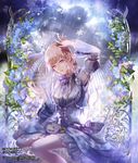  bench blue_eyes blue_flower bow braid chair clock cloud copyright_name detached_sleeves dress eshi_x_kashi_ame-hen flower hair_over_shoulder head_tilt heterochromia long_hair looking_at_viewer original plant purple_eyes rain sitting sky snowflakes solo twin_braids vines water_drop wet white_hair yuu_(arcadia) 