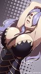  1girl armpits arms_up between_breasts breasts camilla_(fire_emblem_if) choker cleavage female fire_emblem fire_emblem_if francesco_simioni hair_over_one_eye large_breasts lavender_hair long_hair parted_lips purple_eyes solo strap thick_lips upper_body 