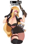 bad_id bad_pixiv_id black_gloves black_legwear blonde_hair breasts cleavage dungeon_and_fighter female_gunner_(dungeon_and_fighter) female_spitfire_(dungeon_and_fighter) gloves gun happening18 holster korean large_breasts long_hair magazine_(weapon) microphone rifle simple_background solo thigh_holster thighhighs triangle_mouth weapon white_background 