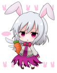  1girl :x animal_ears bow bowtie bunny_ears carrot chibi dress jacket kemonomimi_mode kishin_sagume long_sleeves looking_at_viewer open_clothes open_jacket purple_dress purple_eyes shiohachi short_hair silver_hair simple_background single_wing solo spoken_ellipsis touhou white_background wings 