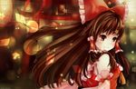  bow brown_eyes brown_hair hair_bow hakurei_reimu highres lantern long_hair paper_lantern severus sidelocks smile solo touhou upper_body watermark web_address 