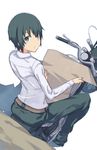  auru_t belt dress_shirt green_eyes green_hair ground_vehicle hermes highres kino kino_no_tabi looking_at_viewer motor_vehicle motorcycle official_style pants reverse_trap shirt short_hair solo 