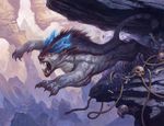  ambiguous_gender atmospheric_perspective bone claws dutch_angle fangs felidar feline horn landscape leaping magic_the_gathering mammal mountain official_art rock rope sharp_teeth signature snarling solo steve_prescott teeth traditional_media_(artwork) 