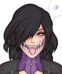  1girl :p emoticon face fangs hair_over_one_eye looking_at_viewer mileena monster_girl mortal_kombat mortal_kombat_x puroburebu-dan sharp_teeth slit_pupils smile solo tongue tongue_out yellow_eyes 