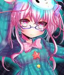  blue-framed_eyewear bow glasses hair_bow hata_no_kokoro long_hair mask matasabu pink_eyes pink_hair plaid plaid_shirt shirt solo star star-shaped_pupils symbol-shaped_pupils touhou 