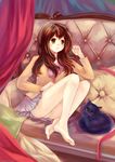  barefoot brown_hair cat couch hand_on_leg highres knees_up legs_together looking_at_viewer open_mouth original panties pantyshot pantyshot_(sitting) pillow severus sitting solo underwear upskirt yellow_eyes 