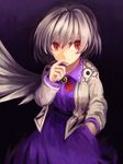  akaiha_(akaihasugk) bow bowtie dress jacket kishin_sagume long_sleeves open_clothes red_eyes short_hair silver_hair single_wing solo touhou wings 