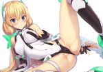  angela_balzac bare_shoulders black_gloves blonde_hair blue_eyes blush boots breasts cameltoe covered_navel covered_nipples elbow_gloves gloves grin hair_ornament headgear kawakami_rokkaku knee_boots leg_lift leotard long_hair looking_at_viewer low_twintails lying medium_breasts partially_visible_vulva protected_link rakuen_tsuihou simple_background skin_tight smile solo spread_legs twintails very_long_hair white_background 