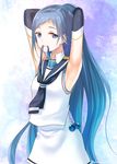  adjusting_hair armpits arms_behind_head arms_up bare_shoulders black_gloves black_neckwear blue_eyes blue_hair eko elbow_gloves gloves hair_ribbon kantai_collection long_hair looking_at_viewer neckerchief ribbon sailor_collar samidare_(kantai_collection) school_uniform serafuku shirt skirt sleeveless sleeveless_shirt smile solo very_long_hair white_skirt 