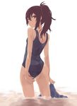  adjusting_clothes adjusting_swimsuit auru_t brown_hair character_request copyright_request from_behind highres looking_at_viewer one-piece_swimsuit ponytail red_eyes school_swimsuit solo swimsuit swimsuit_tug wading water_drop wet 
