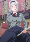  anna_nishikinomiya blue_eyes blush breasts breath hairband large_breasts long_hair looking_at_viewer masturbation masturbation_through_clothing revision school_uniform shimoneta_to_iu_gainen_ga_sonzai_shinai_taikutsu_na_sekai shinku_p silver_hair solo translated wet_spot 