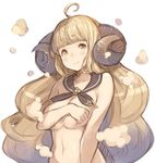  ahoge anila_(granblue_fantasy) bangs blonde_hair blunt_bangs blush breasts collarbone covering covering_breasts draph eyebrows eyebrows_visible_through_hair granblue_fantasy hanarito horns jpeg_artifacts large_breasts long_hair navel nude sheep_horns short_eyebrows smile solo thick_eyebrows upper_body yellow_eyes 