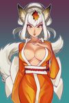  animal_ears breasts cleavage commentary cowboy_shot fox_ears fox_tail hair_rings hair_up hand_on_own_chest highres japanese_clothes kimono kongiku large_breasts leaf leaf_on_head lips long_hair looking_at_viewer no_bra nose oboro_muramasa orange_eyes sash silver_hair solo tail typo_(requiemdusk) 