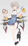  ;d alternate_costume apron beer_mug blue_apron breasts cat collarbone cup dirndl food full_body german_clothes grey_eyes grey_hair hayashi_kewi holding holding_cup kantai_collection machinery one_eye_closed open_mouth pretzel puffy_short_sleeves puffy_sleeves short_hair short_sleeves silver_hair small_breasts smile solo standing standing_on_one_leg tray unsinkable_sam waist_apron z1_leberecht_maass_(kantai_collection) 