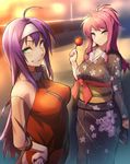  ahoge alternate_costume bad_id bad_pixiv_id breasts candy_apple fire_emblem fire_emblem:_akatsuki_no_megami fire_emblem:_seima_no_kouseki fire_emblem:_souen_no_kiseki food green_eyes grin hairband japanese_clothes kimono large_breasts long_hair looking_at_viewer marica_(fire_emblem) multiple_girls obi pink_eyes pink_hair ponytail purple_hair sash shinon_(tokage_shuryou) smile wayu_(fire_emblem) white_hairband yukata 