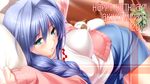  2015 blue_eyes blue_hair blush braid breasts cardigan cat character_name hair_intakes hair_over_shoulder happy_birthday highres kanon large_breasts lips long_hair lying mature minase_akiko number on_side open_mouth pillow piro shirt single_braid skirt very_long_hair zen 