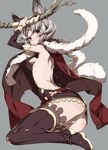  animal_ears ass back backless_outfit bare_back black_legwear blue_eyes blush breasts cape cat_ears erune feather_boa from_behind granblue_fantasy grey_background highres holding holding_weapon kneeling looking_at_viewer looking_back nenemaru panties ribs short_hair sideboob silver_hair simple_background small_breasts solo sutera_(granblue_fantasy) thighhighs underwear weapon white_panties zettai_ryouiki 