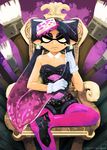  aori_(splatoon) black_hair call_of_duty detached_collar earrings food food_on_head gloves highres jewelry lazorchef long_hair mole mole_under_eye object_on_head paintbrush pantyhose pointy_ears short_jumpsuit sitting solo splatoon_(series) splatoon_1 tentacle_hair 