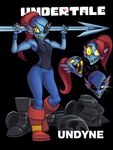  armor black_sclera breasts claws english_text eye_patch eyewear female fish hair iancsamson laugh logo marine melee_weapon monster open_mouth polearm red_hair scar sharp_teeth smile solo spear teeth text undertale undyne weapon yellow_eyes 