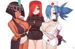  +_+ 3girls black_hair blue_eyes blue_hair breasts brown_eyes choker cleavage cross cross_necklace crossed_arms dark_skin dress eliza_(skullgirls) eyepatch face_mask gloves hair_over_one_eye halterneck inverted_cross kuroonehalf large_breasts long_hair mask multiple_girls nurse nurse_cap parasoul_(skullgirls) ponytail red_eyes red_hair short_hair simple_background skullgirls surgical_mask symbol-shaped_pupils tiara valentine_(skullgirls) 