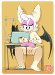  2013 anthro areola bat big_ears breasts cumeoart female mammal nipples nude pussy rouge_the_bat sewing sewing_machine sitting solo sonic_(series) sweat wings 