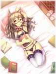  animal_ears bare_shoulders bed blush book breasts brown_hair from_above garter_belt gogatsu_no_renkyuu long_hair looking_at_viewer lying navel on_bed open_book open_mouth original panties red_eyes slippers small_breasts solo thighhighs underwear underwear_only white_legwear 