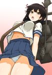  ahoge black_hair brown_eyes from_below hatakenaka_(kamagabuchi) kantai_collection long_hair looking_at_viewer navel open_mouth panties pantyshot pleated_skirt school_uniform serafuku skirt solo undershirt underwear ushio_(kantai_collection) white_panties wind wind_lift 