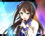  aqua_eyes bare_shoulders black_hair bow eighth_note elbow_gloves gloves hair_bow idolmaster idolmaster_cinderella_girls idolmaster_cinderella_girls_starlight_stage long_hair microphone music musical_note open_clothes open_mouth open_vest paragasu_(parags112) shibuya_rin shirt singing solo stage_of_magic sweat very_long_hair vest white_gloves 