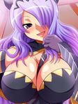  aokura_shou breasts camilla_(fire_emblem_if) cleavage fire_emblem fire_emblem_if gloves hair_over_one_eye highres large_breasts long_hair looking_at_viewer purple_eyes purple_hair shiny shiny_skin solo 