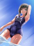 arm_up armpits bangs bare_shoulders black_eyes black_hair blue_swimsuit breasts commentary_request from_below fubuki_(kantai_collection) hand_behind_head highres kantai_collection looking_at_viewer looking_down medium_breasts midoriiro_no_shinzou name_tag one-piece_swimsuit school_swimsuit short_hair solo swimsuit thighs translated twitter_username wading water wet wet_clothes 