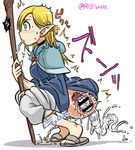  anal anal_object_insertion blonde_hair blush braid cross-section dungeon_meshi green_eyes marcille object_insertion pee peeing pointy_ears spitting squatting staff tonda twin_braids 