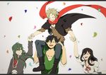  2girls black_hair brown_hair carrying closed_eyes confetti green_hair hair_ornament hairclip highres holding_hands kagerou_project kano_shuuya kido_tsubomi long_hair multiple_boys multiple_girls nekome3 red_scarf scarf seto_kousuke short_hair shoulder_carry smile tateyama_ayano 