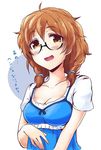  araki_hina brown_eyes brown_hair glasses idolmaster idolmaster_cinderella_girls messy_hair open_mouth smile solo translation_request yuuhi_(at-speakeasy) 