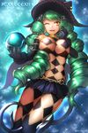  bare_shoulders black_gloves breasts commentary_request copyright_name drill_hair elbow_gloves fiore_brunelli gloves green_eyes green_hair hat large_breasts legs miniskirt nemuri_miyako one_eye_closed orb pleated_skirt revealing_clothes shiny skirt solo star_ocean star_ocean_integrity_and_faithlessness tail thighs twitter_username wings yellow_eyes 