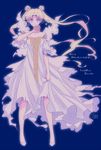  2015 bare_shoulders bishoujo_senshi_sailor_moon blonde_hair blue_background blue_eyes brooch dated double_bun dress full_body jewelry long_hair saki_(hxaxcxk) shoes simple_background solo standing tsukino_usagi twintails white_dress white_footwear 