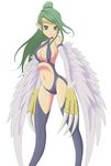  1girl bare_shoulders bikini breasts brown_eyes cleavage duel_monsters female green_hair harpie_queen harpy large_breasts long_hair monster_girl navel pointy_ears ponytail simple_background sling_bikini swimsuit udonko0704 yu-gi-oh! 