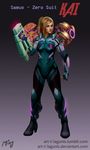  arm_cannon blonde_hair blue_eyes bodysuit breasts clenched_hand commentary fusion hair_ornament hairclip long_hair metroid ming-yin_wong neon_trim nose pauldrons ponytail power_suit samus_aran small_breasts solo weapon zero_suit 