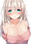  :o aqua_eyes bad_id bad_twitter_id bangs bare_shoulders blush breasts cleavage collarbone hair_between_eyes kou_mashiro large_breasts long_hair looking_at_viewer mole mole_on_breast off_shoulder open_mouth original shiny shiny_skin silver_hair simple_background solo sweater upper_body water wet white_background 