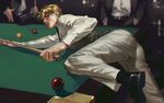  3boys blonde_hair cue_stick dio_brando emg_(christain) jojo_no_kimyou_na_bouken loafers lying male_focus multiple_boys on_table pool_table red_eyes shoes solo_focus suit table 