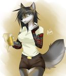  2015 aimi alcohol anthro beer belt beverage blue_eyes canine clothing cup facial_piercing female food lip_piercing mammal piercing shirt shorts solo tattoo wolf 