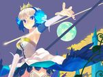  arm_warmers armor armored_dress armpits bare_shoulders breasts castle cleavage crown dress feathers flower full_moon gwendolyn hair_flower hair_ornament hairband holding medium_breasts moon nail_polish odin_sphere polearm purple_eyes short_hair solo spear standing strapless strapless_dress weapon white_hair wings yuuki_(irodo_rhythm) 