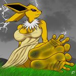  2015 anthro big_breasts breasts clothing dirty_feet dress eeveelution female foot_focus grass hill humanoid_feet jolteon lightning nintendo pok&eacute;mon solo video_games zp92 