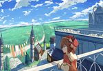  balcony banner blue_eyes blue_sky brown_hair buckle building capelet clock clock_tower cloud cobblestone day frilled_sleeves frills hair_ribbon hat layered_clothing long_sleeves lucena_winter one_side_up open_mouth original railing red_hat ribbon short_hair sky smile solo tower town yuuhagi_(amaretto-no-natsu) 