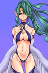  1girl bare_shoulders bikini breasts brown_eyes cleavage duel_monsters female green_hair harpie_queen harpy large_breasts long_hair looking_at_viewer monster_girl navel pointy_ears ponytail sling_bikini swimsuit yu-gi-oh! 