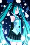  absurdres aqua_eyes aqua_hair arms_behind_back bare_shoulders detached_sleeves from_side hatakenaka_(kamagabuchi) hatsune_miku headset highres long_hair necktie pleated_skirt sata_cable skirt smile solo twintails very_long_hair vocaloid 