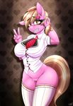  &lt;3 anthro anthrofied big_breasts blonde_hair blush braces breasts chubby clothed clothing equine fan_character female hair half-closed_eyes half-dressed horse legwear looking_at_viewer mammal my_little_pony necktie peace_sign_(disambiguation) pink_skin pony pussy replica_(artist) reppy simple_background smile socks solo teeth thigh_highs wide_hips 
