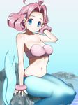  bandeau blue_eyes breasts densetsu_no_stafy jewelry looking_at_viewer medium_breasts mermaid monster_girl navel nijitama_shiyushiyu pink_hair short_hair sitting smile solo 