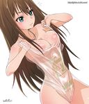  7-eleven bad_id bad_pixiv_id blue_eyes breasts brown_hair cameltoe covered_navel dutch_angle ginko_(silver_fox) idolmaster idolmaster_cinderella_girls jewelry medium_breasts necklace plastic_bag_swimsuit pussy see-through shibuya_rin solo 