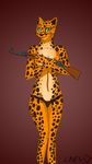  2015 abstract_background ak-47 anthro assault_rifle blue_eyes breasts cheetah clothing feline female fur gun lines looking_at_viewer mammal navel panties pose ranged_weapon rifle smile solo underwear weapon 